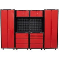 Red and black Sealey storage system combo with tall cabinets, drawers, and pegboard, featuring a sleek metal design.
