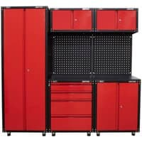 Red and black Sealey storage system with tall cabinet, drawers, pegboard, and overhead compartments.