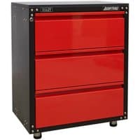 Red Sealey APMS82 modular cabinet with three drawers, black frame, and flat worktop, measuring 665mm.