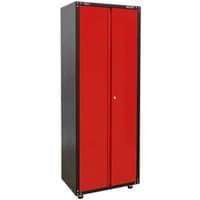 Red and black Sealey modular cabinet with two full-height doors and a central lock.