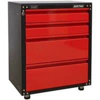 Red Sealey 4-drawer cabinet with black frame and worktop, featuring metal handles and adjustable feet.