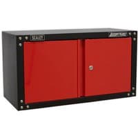 Red and black Sealey APMS85 modular wall cabinet with two drawers and metal rivet details.