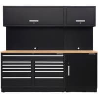 Sealey modular storage system with oak worktop, black cabinets, multiple drawers, and overhead compartments.