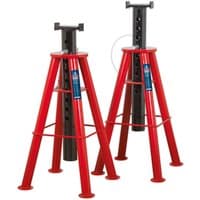 Red Sealey axle stands with adjustable black support columns and round bases, 10-tonne capacity each.