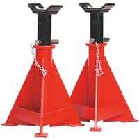 Red Sealey 15 Tonne axle stands with black adjustable tops and safety chains, triangular base design.