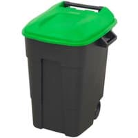 Green Sealey wheelie bin, 100L capacity, with black body, hinged lid, and two rear wheels for easy mobility.