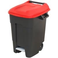 Red-lidded Sealey wheelie bin, black body, 100L capacity, foot pedal, two wheels, and a handle.