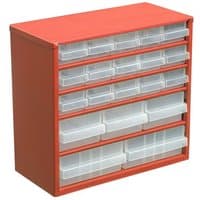 Red Sealey cabinet box with 20 clear plastic drawers in a compact rectangular design.