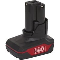 Black and red Sealey 12V 4Ah Li-ion power tool battery with rectangular base and Sealey logo on the side.