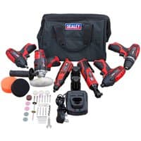 Sealey CP1200 Series 6-piece red and black cordless power tool set with accessories and black carrying bag.