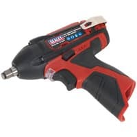 Red and black Sealey cordless impact wrench with 3/8" square drive and ergonomic grip, 12V Li-ion battery slot.