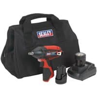 Sealey 12V impact wrench kit with red and black wrench, two batteries, charger, and black carrying bag.