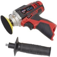 Red and black Sealey cordless polisher with a 71mm pad, ergonomic grip, and 12V Li-ion battery slot, includes side handle.