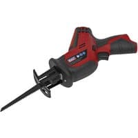 Red and black Sealey cordless reciprocating saw with ergonomic handle and exposed blade, 12V bare unit.