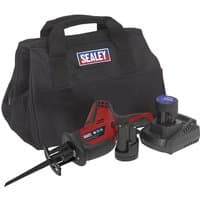Red and black Sealey cordless reciprocating saw with two batteries, charger, and black carrying bag.