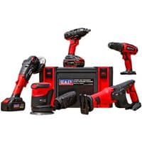Red and black Sealey cordless tool set with drill, impact driver, grinder, sander, reciprocating saw, batteries, and charger.