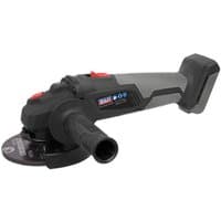 Sealey 20V brushless angle grinder, black and gray with red accents, side handle, and 115mm disc.