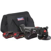 Black and red Sealey angle grinder kit with two batteries, charger, and branded carrying bag.