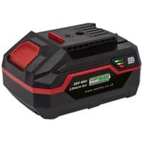 Black and red Sealey 20V 4Ah Li-Ion power tool battery with charge indicator and CP20V branding.