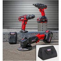 Red and black Sealey cordless drill, impact driver, angle grinder, with batteries, charger, and black carry bag.