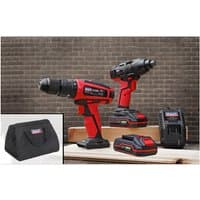 Red and black Sealey cordless hammer drill and impact driver with battery, charger, and black carrying bag.