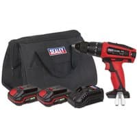 Red and black Sealey cordless hammer drill with two batteries, charger, and black carrying bag.