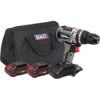 Sealey 20V brushless hammer drill with black grip, two batteries, charger, and branded black carrying bag.