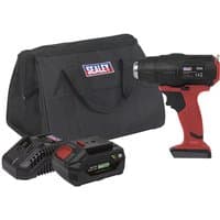 Red and black Sealey cordless hot air gun with battery, charger, and black carrying bag.