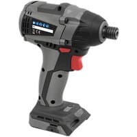 Gray and black Sealey brushless impact driver, 20V, with red trigger and 1/4" hex chuck, bare unit without battery.