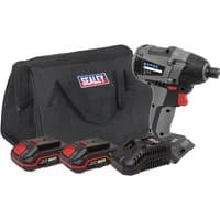 Sealey brushless impact driver kit with gray and black driver, two red-trim batteries, charger, and black carrying bag.