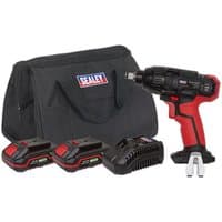 Red and black Sealey cordless impact wrench with two batteries, charger, and black carrying bag.