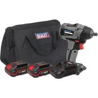 Sealey brushless impact wrench kit with gray and black design, two batteries, charger, and black carrying bag.