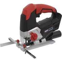 Red and black Sealey cordless jigsaw with ergonomic handle and adjustable base plate.