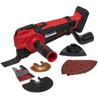Red and black Sealey oscillating multi-tool, cordless, with various attachments and ergonomic handle.