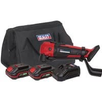 Red and black Sealey cordless oscillating multi-tool with two batteries, charger, and black carrying bag.