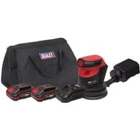 Red and black Sealey cordless orbital palm sander with two batteries, charger, and black carrying bag.