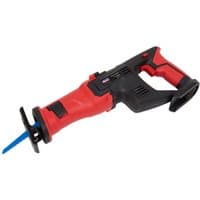 Red and black Sealey 20V reciprocating saw with ergonomic handle and exposed blade, bare unit without battery.