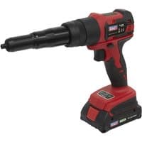 Red and black Sealey cordless riveter with 20V lithium-ion battery and ergonomic grip.
