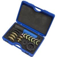 Blue Sealey hydraulic bush tool kit with assorted metal components in a molded case.