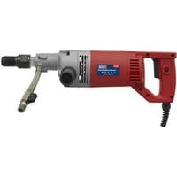 Red and silver Sealey DCD230V diamond core drill with side handle, ventilation slots, and power cord.