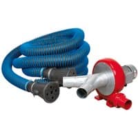 Sealey EFS102 exhaust fume extractor with red motor housing, twin blue ducts, and silver connectors.