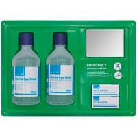 Green Sealey eye/wound wash station with two bottles, mirror, and instruction panel.