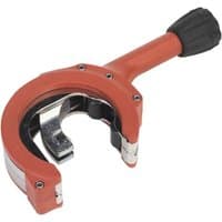Red Sealey ratcheting exhaust pipe cutter with black handle and silver cutting blades.