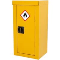 Yellow Sealey hazardous substance cabinet with black handle and flammable warning sign on door.