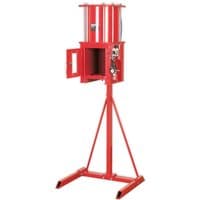 Red Sealey pneumatic oil filter crusher with vertical cylinder and sturdy tripod base.