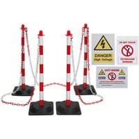 Red and white striped posts with chains, black bases, and warning signs for exclusion zones.