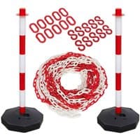 Red and white striped poles with black bases, red and white chain, and red connectors for exclusion zone setup.