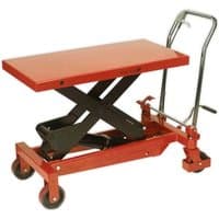 Red Sealey HPT1000 hydraulic platform truck with black scissor lift and silver handle, four wheels for mobility.