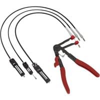 Sealey hose clamp pliers with red handles, black cables, and interchangeable remote action clamps.