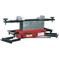 Red and black Sealey jacking beam with arm extenders and flat roller supports, designed for lifting vehicles.